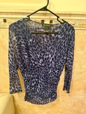 INC International Concepts Navy Animal-Print V-Neck Long Sleeve Top
